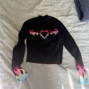 Urban Outfitters Black Cropped Sweater with Rainbow Flame Heart Motif